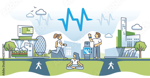 Health and fitness in urban settings for active lifestyle outline concept. City environment with modern runners and athletes for healthy body and wellness vector illustration. Sport exercise outside.