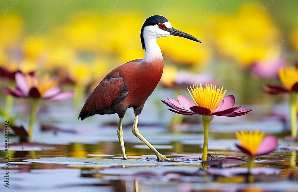 Colorful African wader with long toes next to violet water lily in ...
