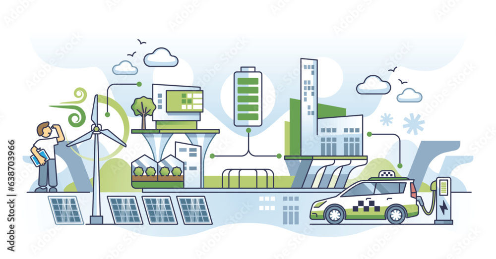 Sustainable energy infrastructure with green power for city outline concept. Urban neighborhood with environmental electricity production using recyclable transportation resources vector illustration Sustainable energy infrastructure with green power for city outline concept. Urban neighborhood with environmental electricity production using recyclable transportation resources vector illustration