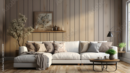  Beige corner sofa against of wooden paneling wall. Minimalist interior design of modern living room © master graphics 