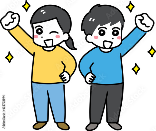 笑顔でガッツポーズをしている私服の若い男女(全身)