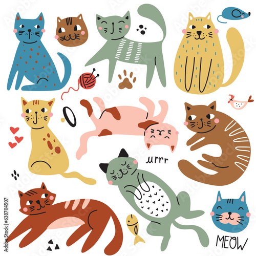 Colorful funny cats in different poses. Set of vector hand clips isolated on white