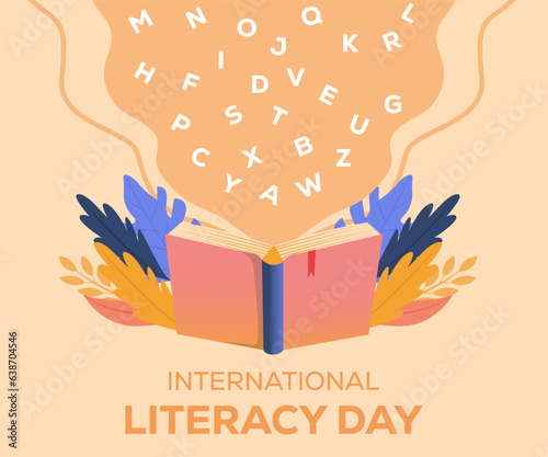 literacy day illustration design concept with leaves and alphabet go out from book