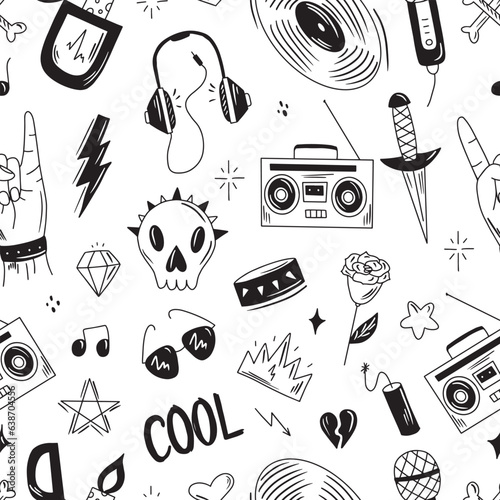 Seamless pattern. Punk rock music isolated on white background. Doodle design elements, emblems, badges, logo and icons.
