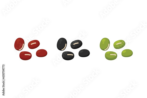 Group of legumes (black beans, red beans and green beans) isolated on white background.