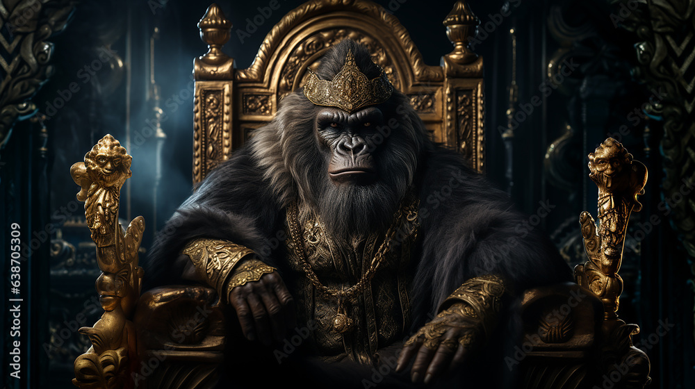 Generative AI Image of a Black Gorilla King Sitting on a Throne Wearing Royal Attributes