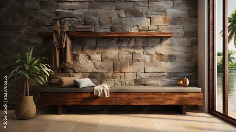 Coastal interior design of modern entrance hall with stone tiles wall ...