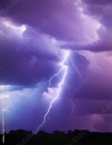 Photo of a stunning purple sky with a powerful lightning bolt striking through it
