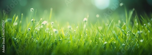 Dewy fresh grass in spring sun. Seasonal meadow background with light bokeh and short depth of field