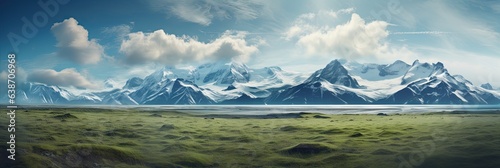 illustration of grassland and snow mountain, generative AI