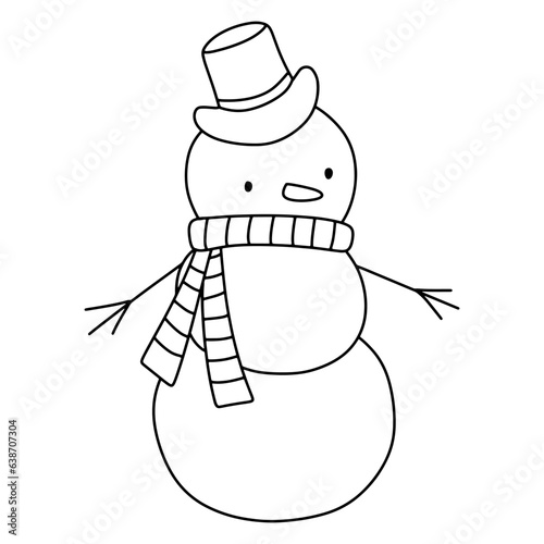 Cute doodle Snowman isolated on white. Childish vector outline illustration for coloring page photo