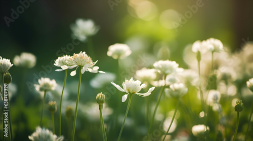 beautiful green garden bokeh background adorned with fresh white wildflowers, creating a vibrant spring or summer floral setting.