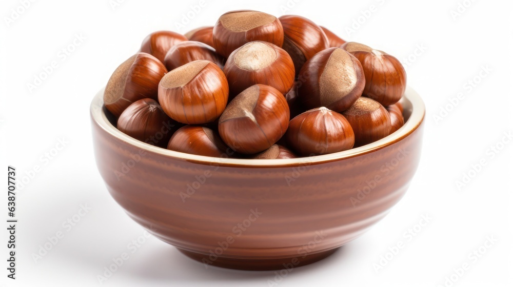 Chestnuts in a wooden bowl on a white background, created by Generative AI Chestnuts in a wooden bowl on a white background, created by Generative AI