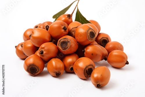 A pile of orange guarana seed fruits on a white background, created by Generative AI photo