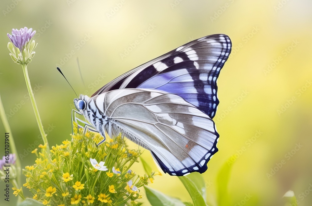 Naklejka premium Morning Haze Magic: Butterfly Perched on Wild Flower. 