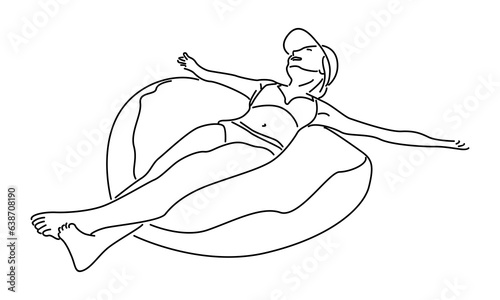 line art of happy woman swimming use floating ring