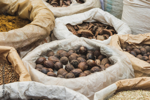 Fresh Indian Nutmeg Spice in an Asian Market photo