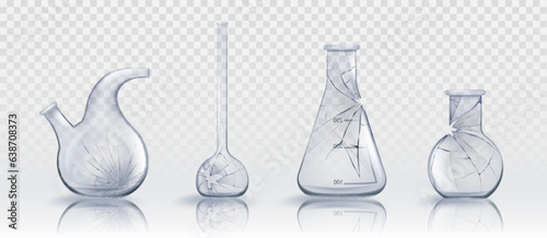 Broken glass laboratory chemical measuring flasks and test tubes in realistic vector illustration set. Crashed lab glassware with cracks, holes and scatters. Destroyed and crushed scientific equipment