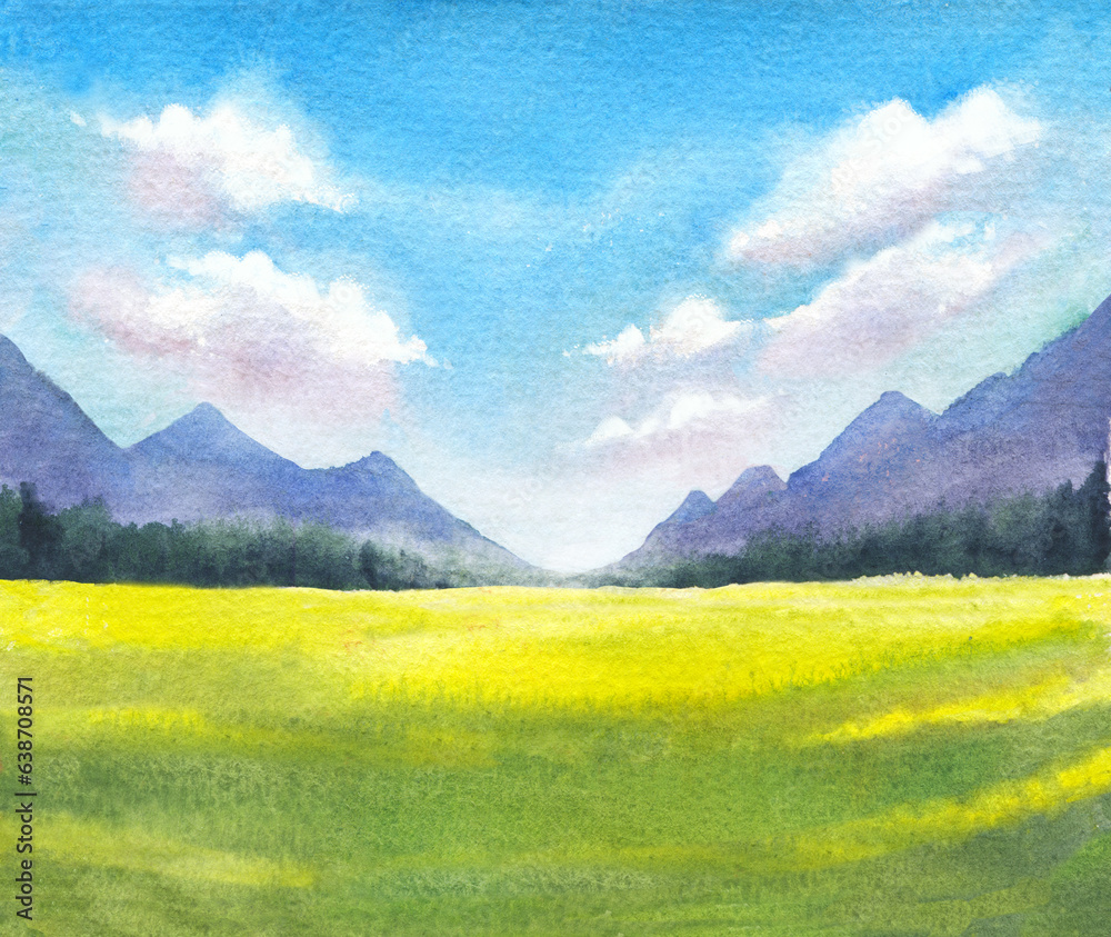 Watercolor landscape with mountains, trees, green grass, sky with blue clouds, hand drawn illustration