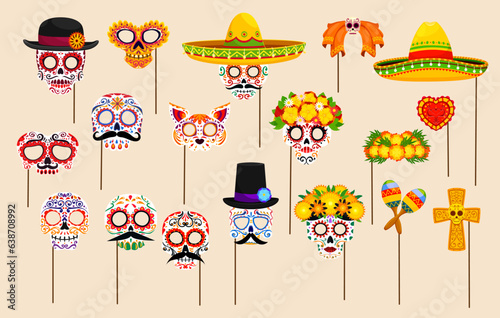 Mexican dead day photo booth masks with props. Dia de los muertos holiday sugar and animal skull, sombrero, moustaches, catrin and guitar party mask. Vector carnival calavera, maracas, cross and heart