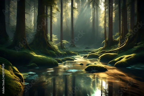 Describe the symphony of sounds in a serene forest 3d render