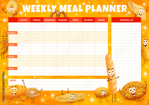 Weekly meal planner. Cartoon pastry, bakery and bread characters. Cooking week journal, daily vector schedule with pretzel, barbari, burger bun and chapati, baguette, tiger, marraqueta bread personage