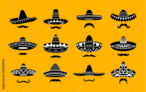 Mexican sombrero hat icons and moustaches. Vector charro, cowboy or musician caps and whiskers isolated monochrome signs representing culture, folklore, and traditions of Mexico and Latin America