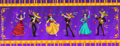 Cartoon dia de los muertos dead day skeleton mariachi musicians and Catrin dancer characters. Vector Mexican folk personages wear traditional costumes dancing and playing guitar, violin or trumpet