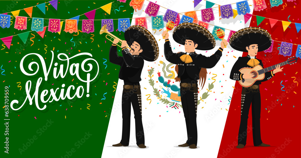 © Vector Tradition - Viva mexico holiday background with mexican mariachi musicians band and national flag. Vector greeting banner with latino men trio in sombrero and national costumes playing guitar, trumpet and maracas © Vector Tradition - Viva mexico holiday background with mexican mariachi musicians band and national flag. Vector greeting banner with latino men trio in sombrero and national costumes playing guitar, trumpet and maracas