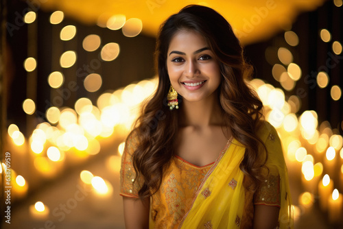 Beautiful indian woman smiling on blur light background © Niks Ads