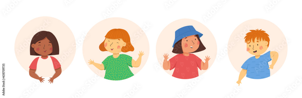 Happy children in the colorful circles and the white background. Vector cartoon illustration. Multiculturalism and diversity. Boys and girls with funny faces and emotions. Cute kids characters. Ideal Happy children in the colorful circles and the white background. Vector cartoon illustration. Multiculturalism and diversity. Boys and girls with funny faces and emotions. Cute kids characters. Ideal