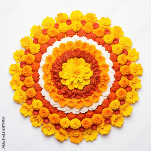 Flower Rangoli for Diwali festival made using Marigold or Zendu flowers photo