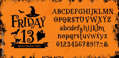 Halloween holiday font, scary type, spooky typeface, witchcraft magic alphabet. Vector typography horror letters and numbers on creepy grunge background with fear ghost, bats, black cat and witch hat