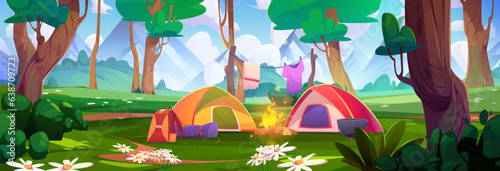 Summer mountain forest camp tent vector background. Outdoor campfire in trip for picnic on vacation. Eco recreation or expedition to explore outdoor nature with backpack, cauldron and mat on weekend