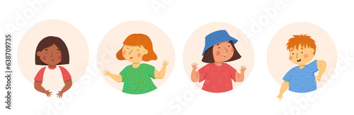 Happy children in the colorful circles and the white background. Vector cartoon illustration. Multiculturalism and diversity. Boys and girls with funny faces and emotions. Cute kids characters. Ideal