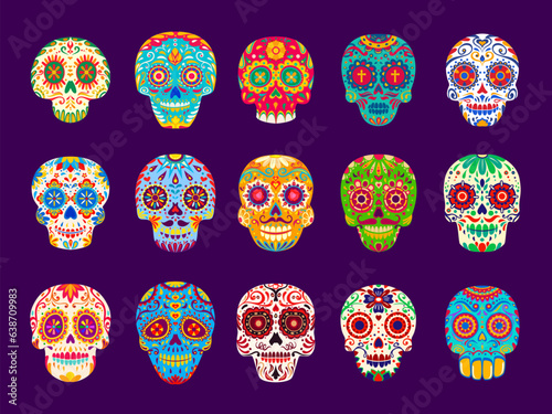 Mexican calavera sugar skulls. Dia de los muertos holiday funny characters. Cartoon vector set of human craniums adorned with flowers and floral pattern. Traditional Day of the dead festival symbolic