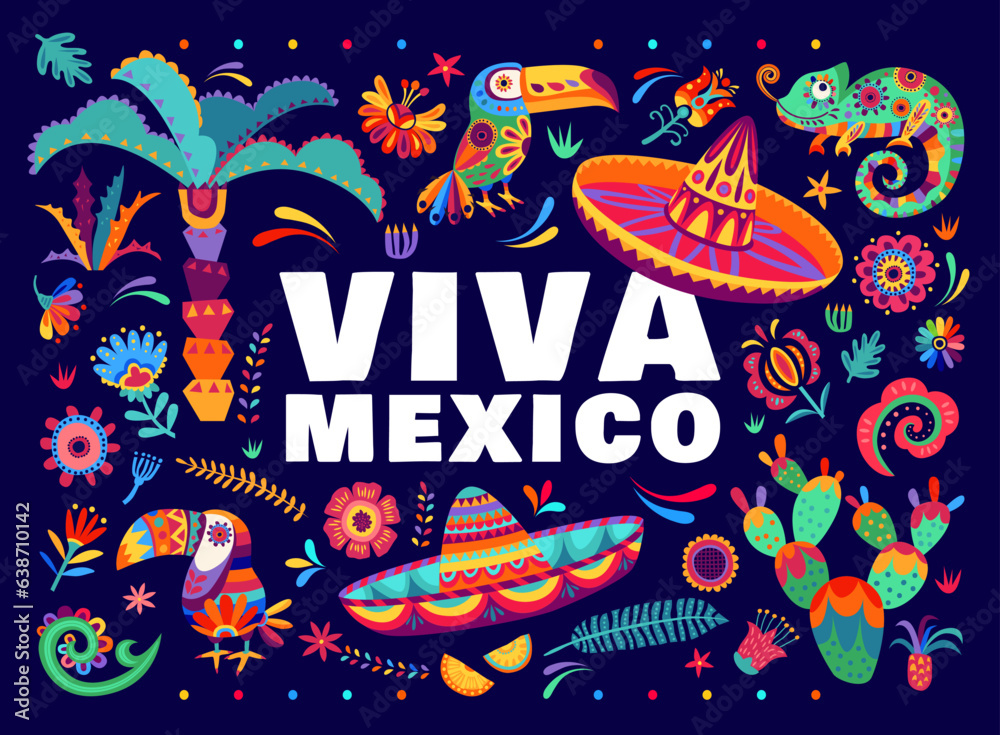 Viva mexico banner with tropical flowers, cactuses and chameleons, mexican sombrero hat and toucans. Vector background, capturing vibrant essence of mexican culture, celebrating special occasion
