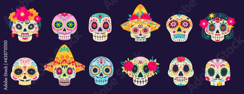 Dia de los muertos holiday mexican calavera sugar skulls. Day of dead festival skulls. Cartoon vector set of traditional calaca heads for Death celebration. Male or female craniums with floral pattern