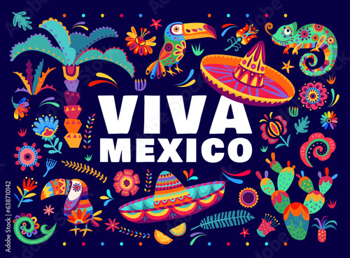 Viva mexico banner with tropical flowers  cactuses and chameleons  mexican sombrero hat and toucans. Vector background  capturing vibrant essence of mexican culture  celebrating special occasion