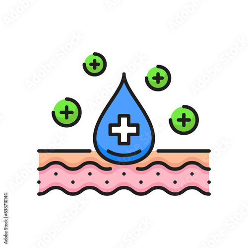 Skin care, treatment and protection line icon. Anti aging and moisturizing cosmetics, woman beauty product thin line vector pictogram. Dermatology treatment simple symbol with skin epidermis layer