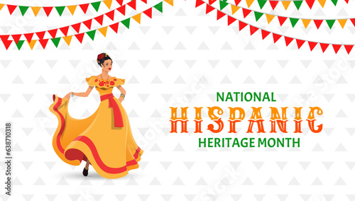 Dancing woman on national hispanic heritage month festival banner. Vector background with flag garlands and young female character dancer wear traditional dress perfotm expressive flamenco dance