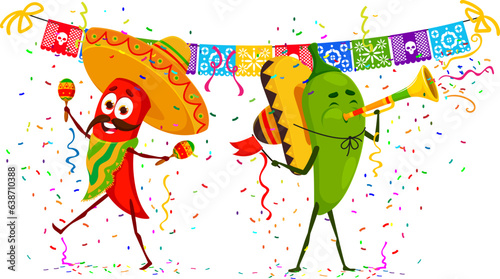 Mexican chili and jalapeno pepper characters on holiday party. Children holiday, birthday party cartoon vector personages of hot Mexican peppers mariachi musicians playing on maracas and horn