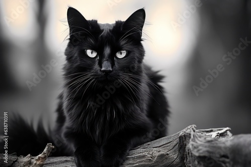 A black cat sitting on a branch in the woods, created by Generative AI