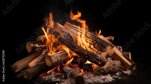 A fire pit with logs and flames on a black background, created by Generative AI