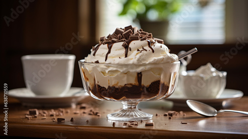 Fudge sundae pie: Rich layers of fudge and ice cream, topped with swirls of whipped cream and drizzles of chocolate.