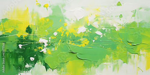 Canvas painting, closeup abstract, colorful brush painting, yellow, green, black, white paint, acryl brush, wall painting background, brushstroke, pallet knife, Generative AI