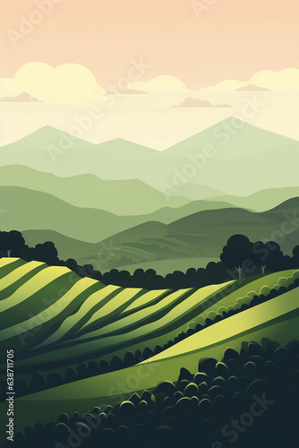 Tea field. Terraced plantation poster Chinese rice fields. Tea plantations. Beautiful fields on hills and plantations in a tropical valley of mountains vector set background. Summer rainforest