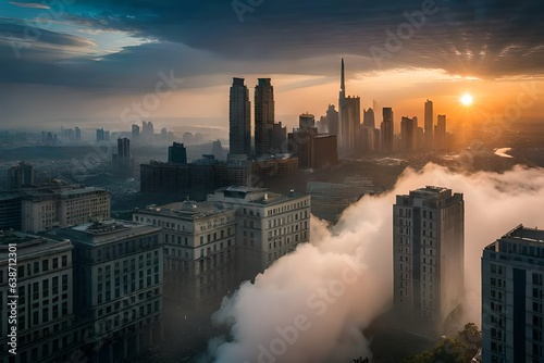 A haunting apocalyptic scenario  dense smoke engulfing a decaying city