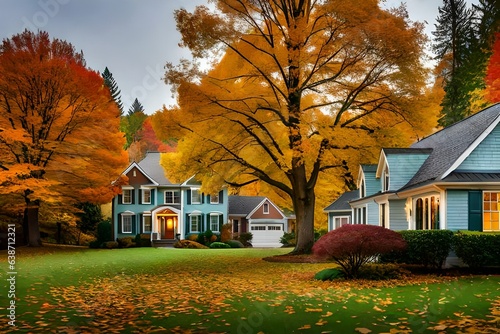 A serene suburban neighborhood in North America during the autumn season