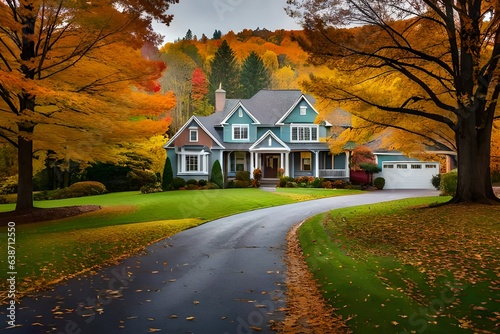 A serene suburban neighborhood in North America during the autumn season
